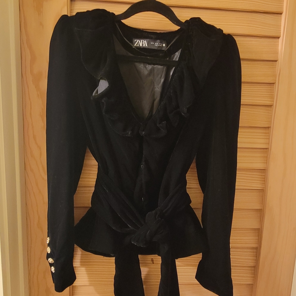 Zara Black Velvet Jacket with Ruffles